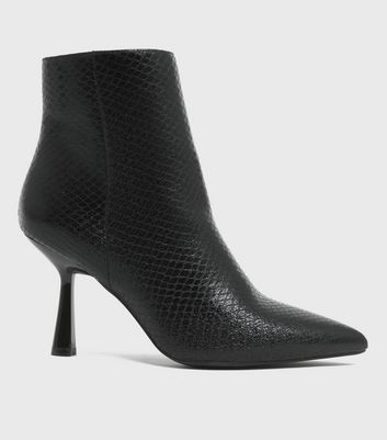 Black Faux Croc Pointed Heeled Ankle Boots