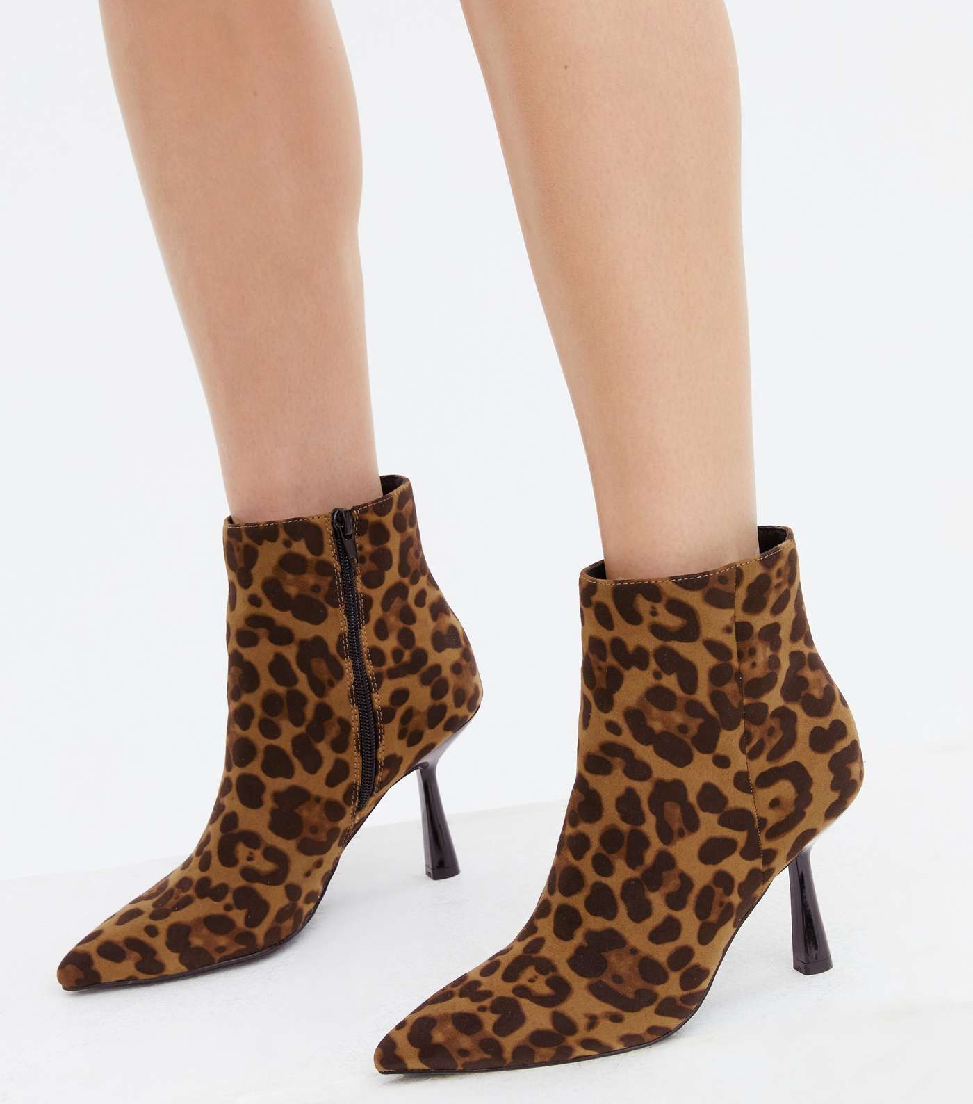 Tan Leopard Print Suedette Stiletto Heel Ankle Boots Image 2