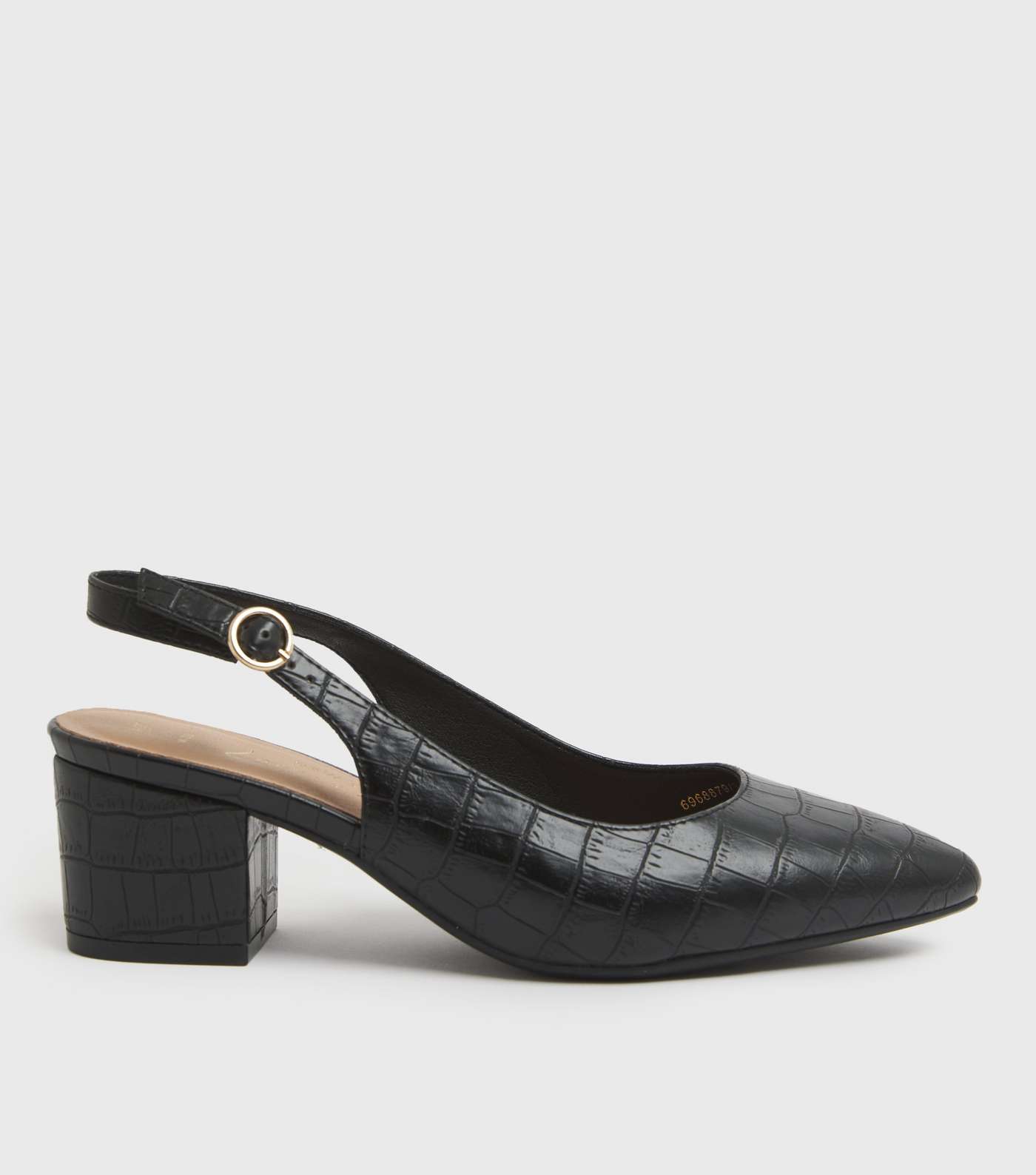 Wide Fit Black Faux Croc Block Heel Court Shoes