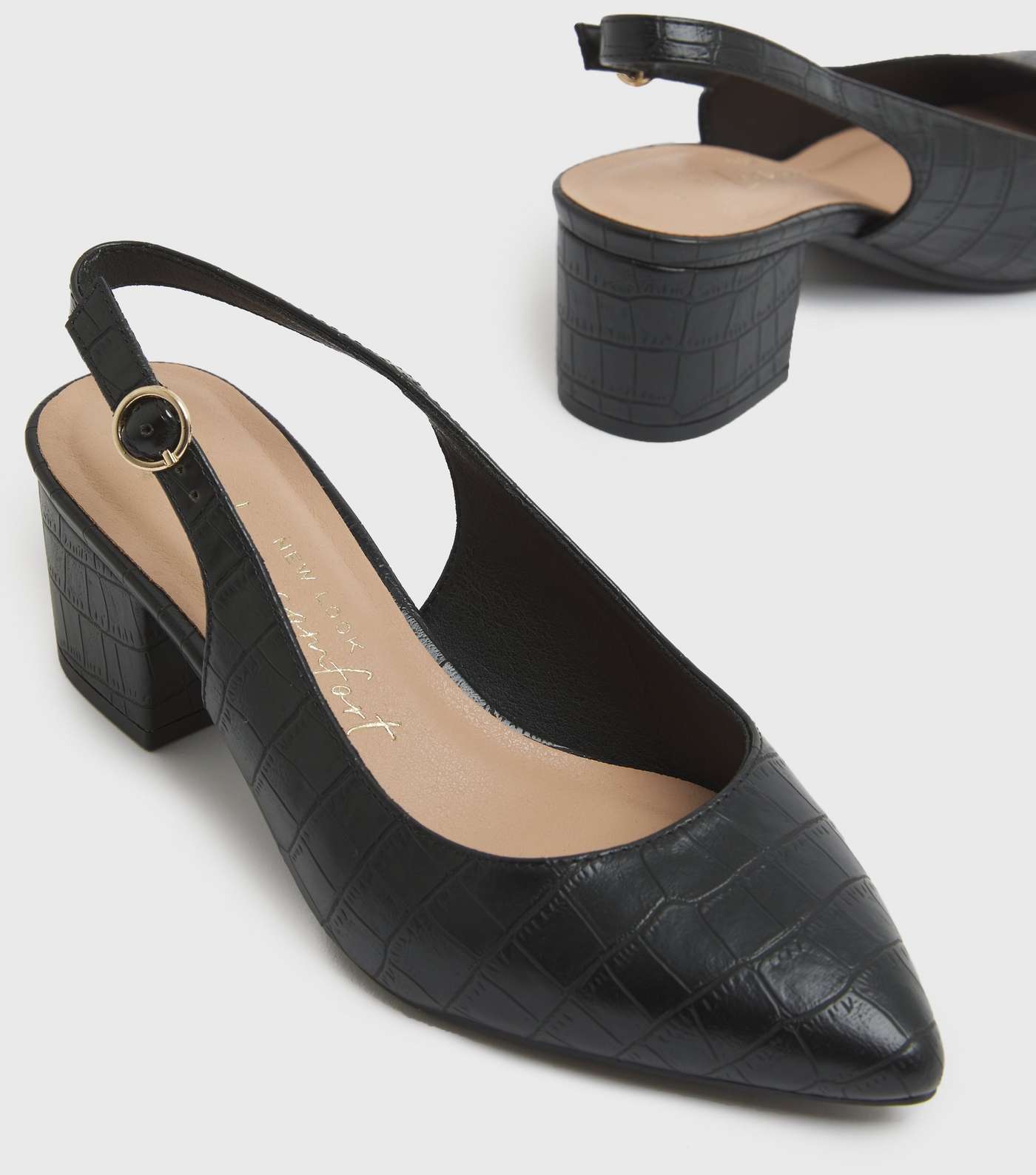 Wide Fit Black Faux Croc Block Heel Court Shoes Image 3