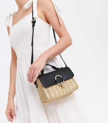 Black Leather Look Straw Cross Body Bag New Look