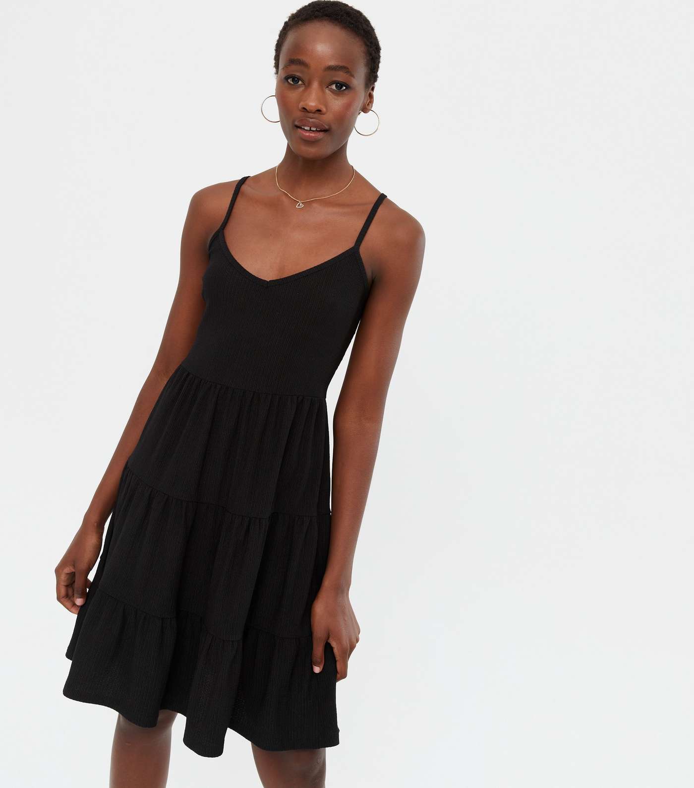 Tall Black Textured Jersey Strappy Tiered Sundress
