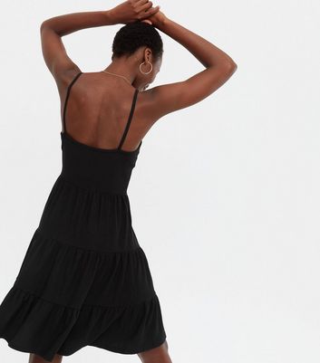 Tall Black Textured Jersey Strappy Tiered Sundress | New Look