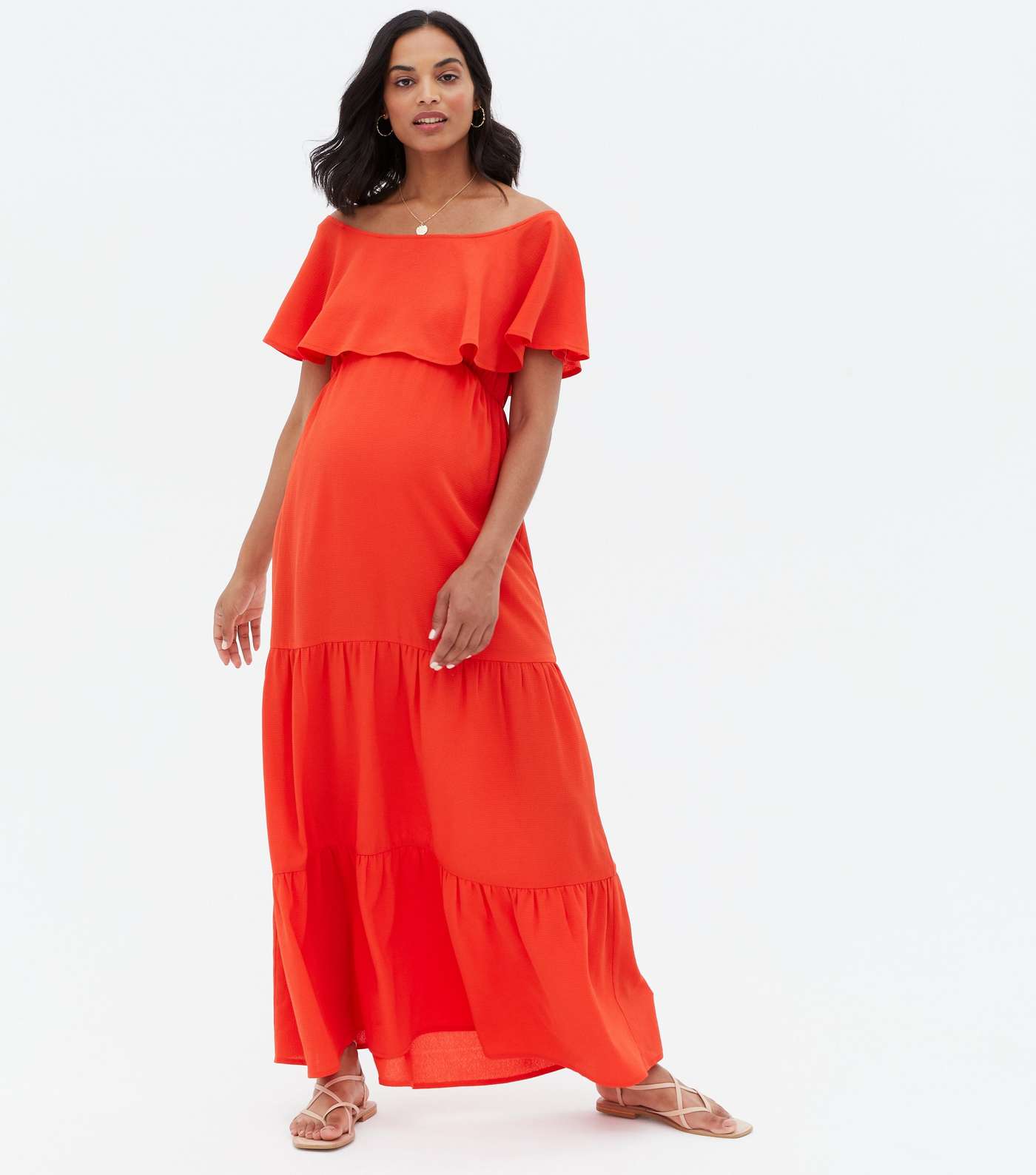 Maternity Red Bardot Tiered Maxi Dress