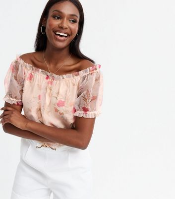 Pink Floral Organza Bardot Crop Top New Look