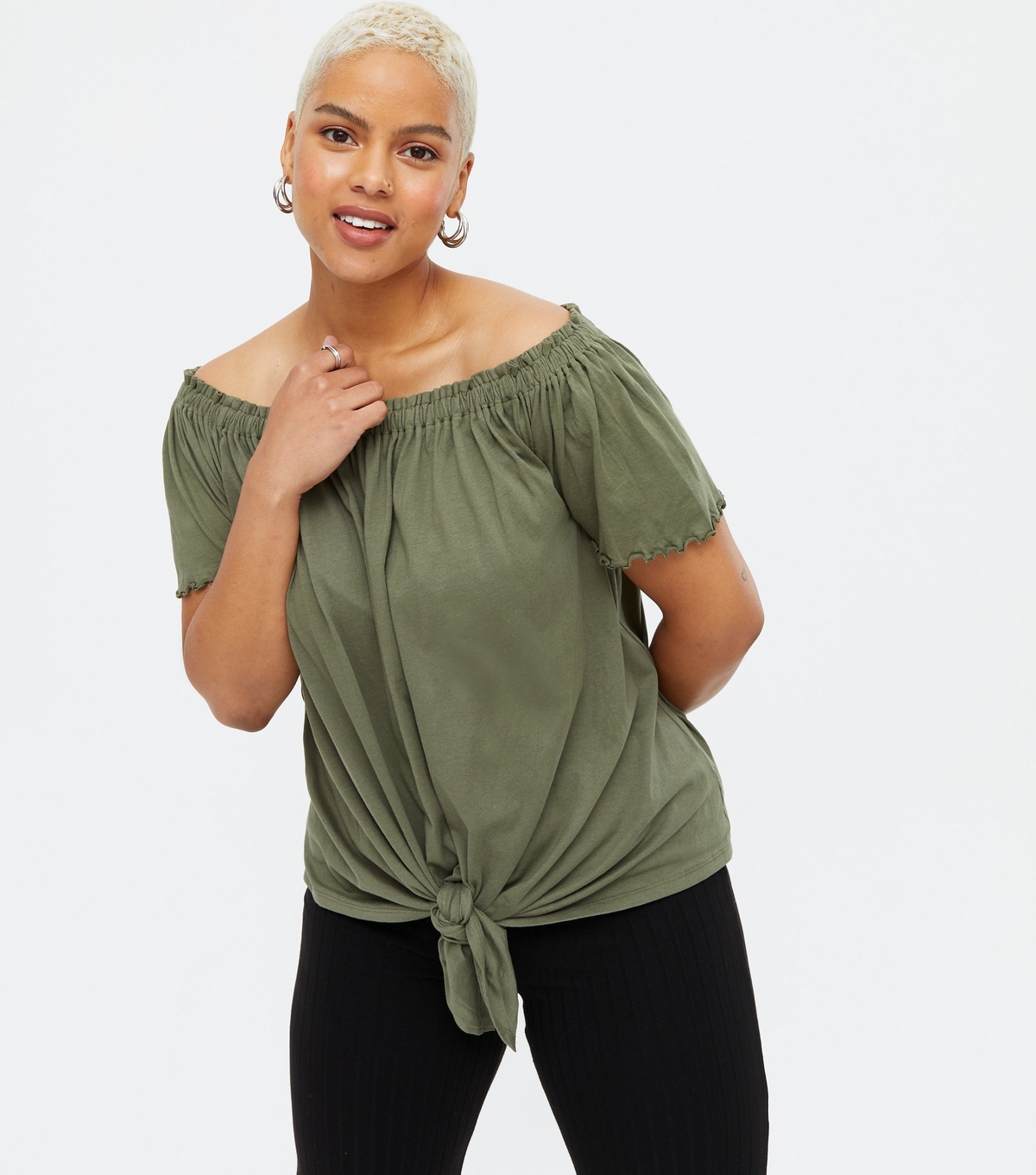 Women's Plus Size Khaki Frill Tie Front Bardot Top Curves New Look