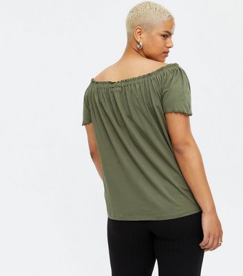 Click to view product details and reviews for Curves Khaki Frill Tie Front Bardot Top New Look.