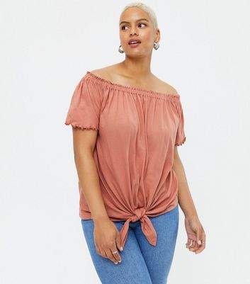 Curves Mid Pink Frill Tie Front Bardot Top