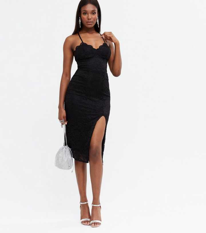 Black Lace Strappy Tie Back Midi Dress