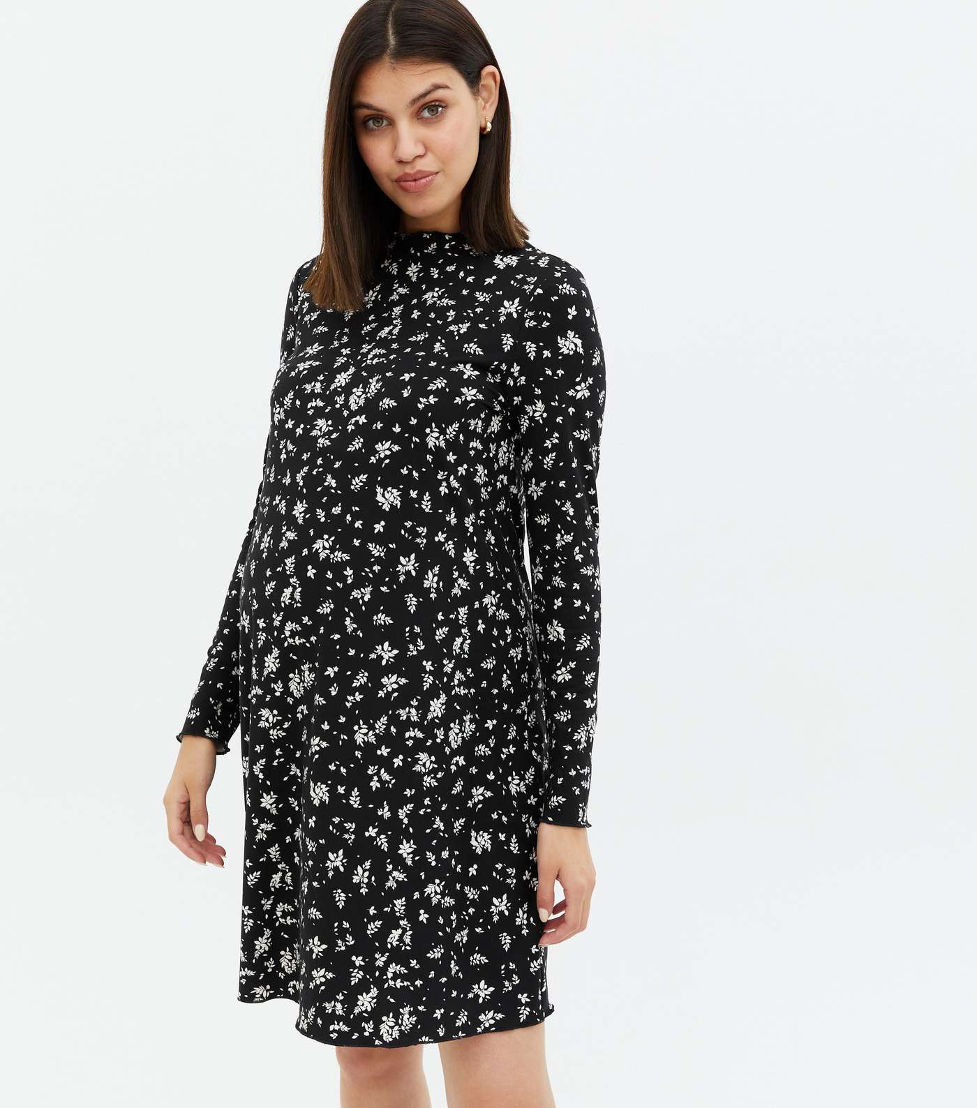 Maternity Black Floral Soft Touch High Neck Mini Dress