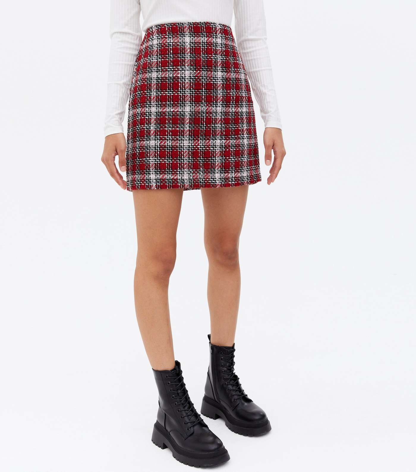 Red Check Bouclé High Waist Mini Skirt Image 3