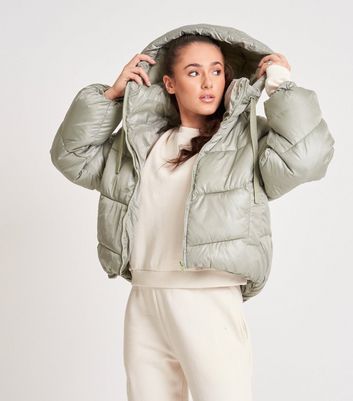Green Hooded Crop Puffer Jacket 