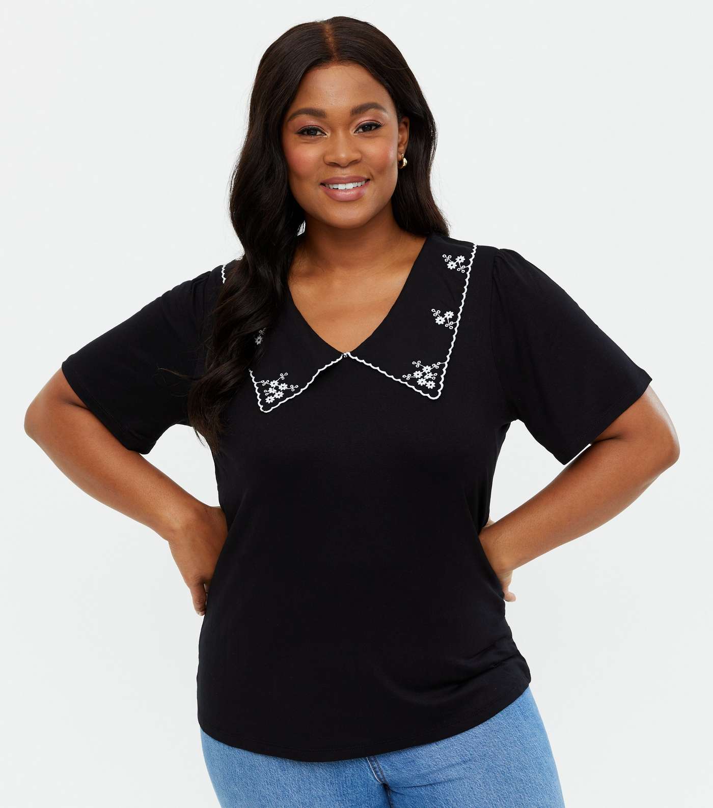 Curves Black Embroidered Collar Top