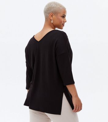 Curves Black Fine Knit V Neck Step Hem Top New Look