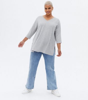 Click to view product details and reviews for Curves Pale Grey Fine Knit V Neck Step Hem Top New Look.