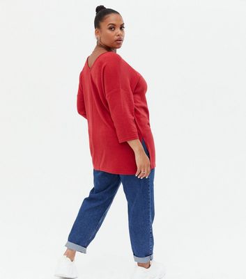 Click to view product details and reviews for Curves Red Fine Knit V Neck Step Hem Top New Look.