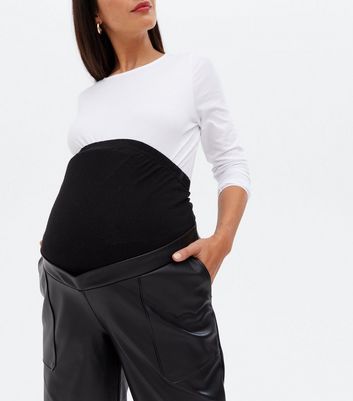Maternity Black LeatherLook Over Bump Joggers New Look
