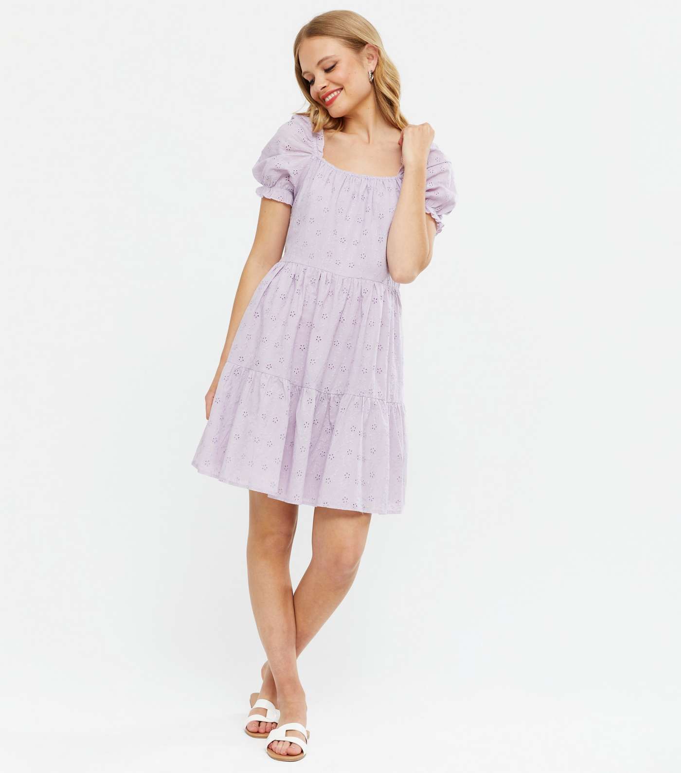 Blue Vanilla Lilac Broderie Puff Sleeve Smock Dress Image 2