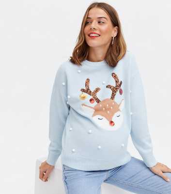 Maternity Blue Bobble Christmas Reindeer Jumper