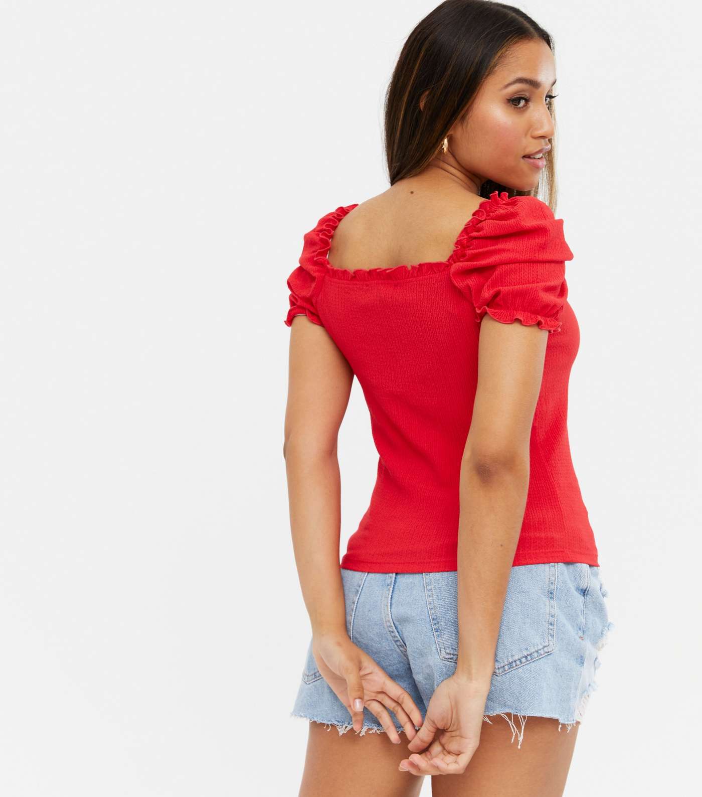 Petite Red Textured Square Neck Puff Sleeve Top Image 4