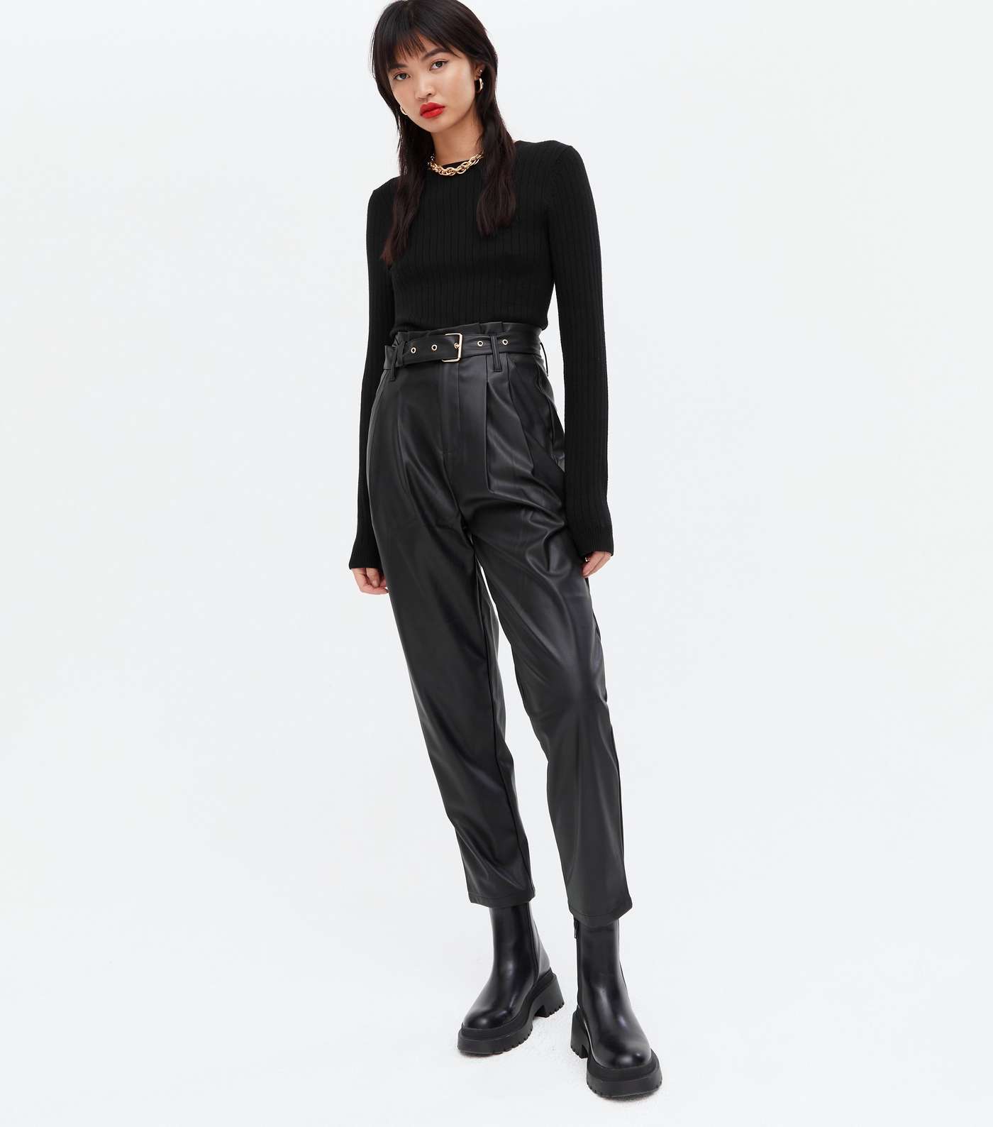 Black Leather-Look Belted Tapered Trousers