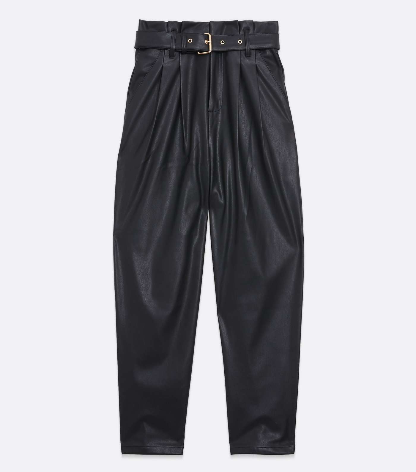 Black Leather-Look Belted Tapered Trousers Image 5