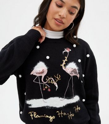 Petite Black Fluffy Flamingo Christmas Jumper New Look