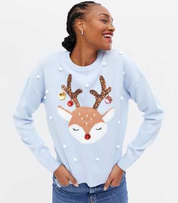 Tall Blue Bobble Christmas Reindeer Jumper