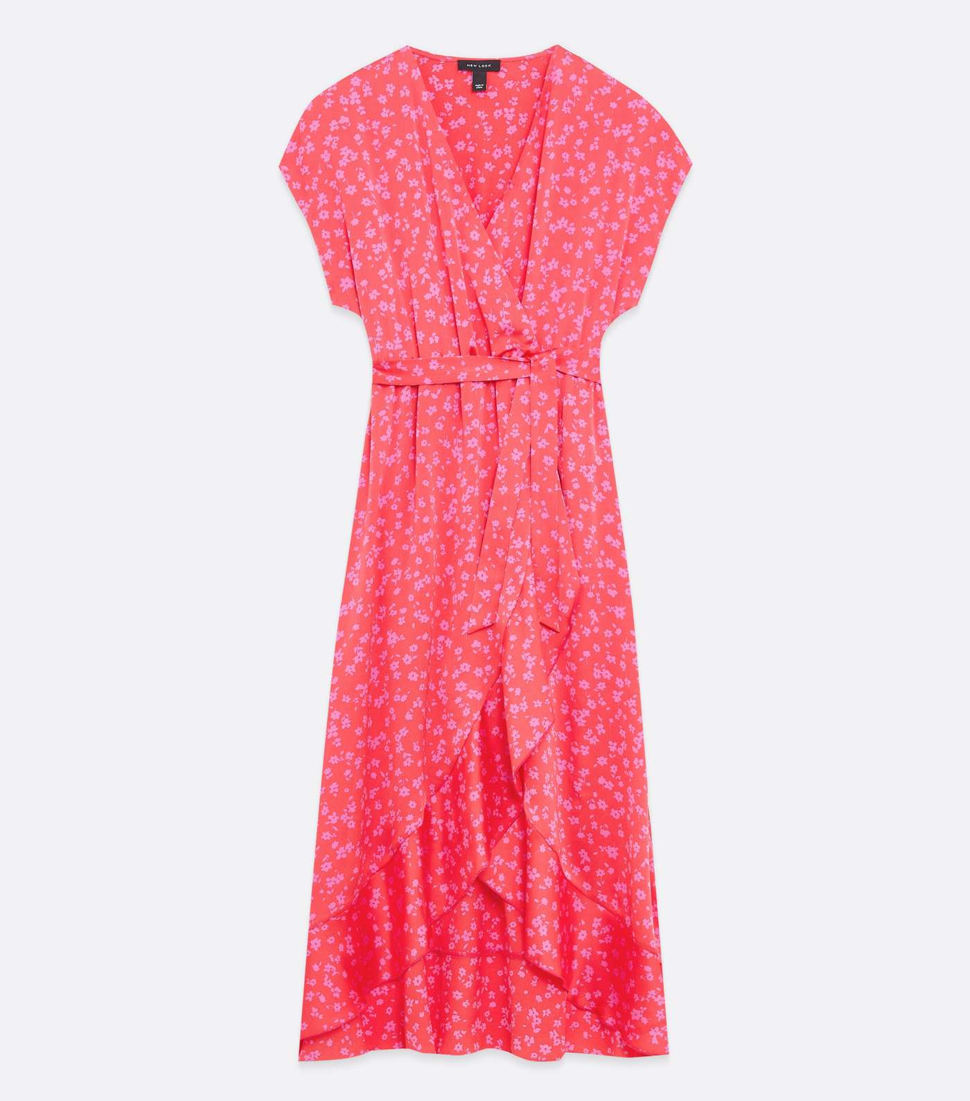 Red Ditsy Floral Satin Ruffle Wrap Midi Dress Image 5