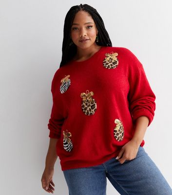 Curves Red Christmas Animal Print Sequin Bauble Jumper New Look