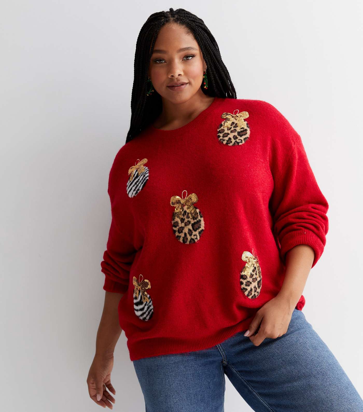 Curves Red Christmas Animal Print Sequin Bauble Jumper
