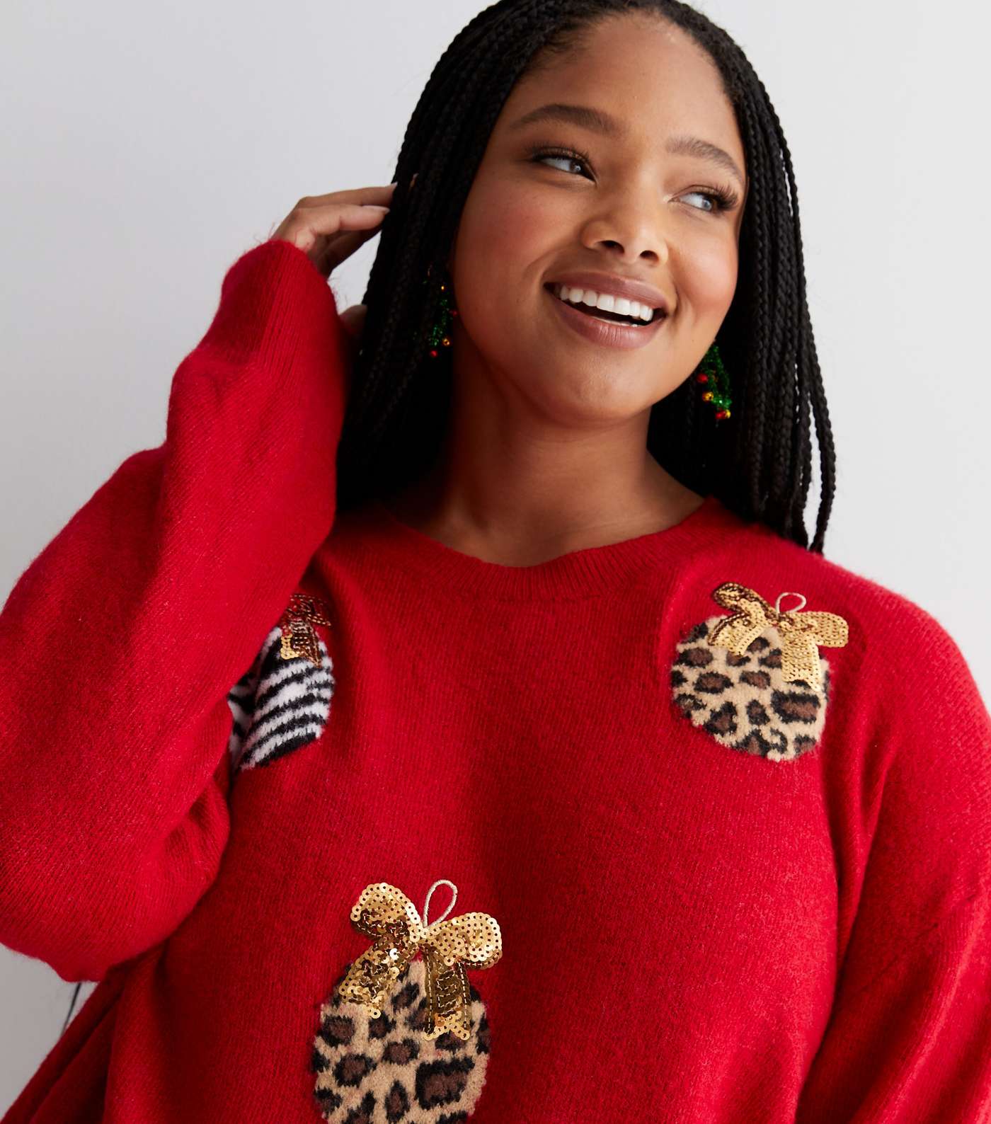 Curves Red Christmas Animal Print Sequin Bauble Jumper Image 3