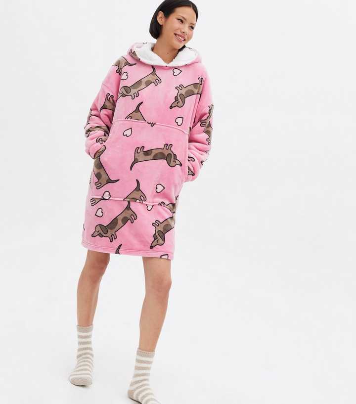 Pink Dog Heart Fleece Oversized Blanket Hoodie | New Look