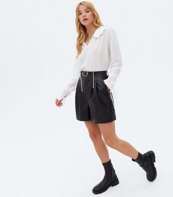 Black Leather-Look Belted High Waist 
