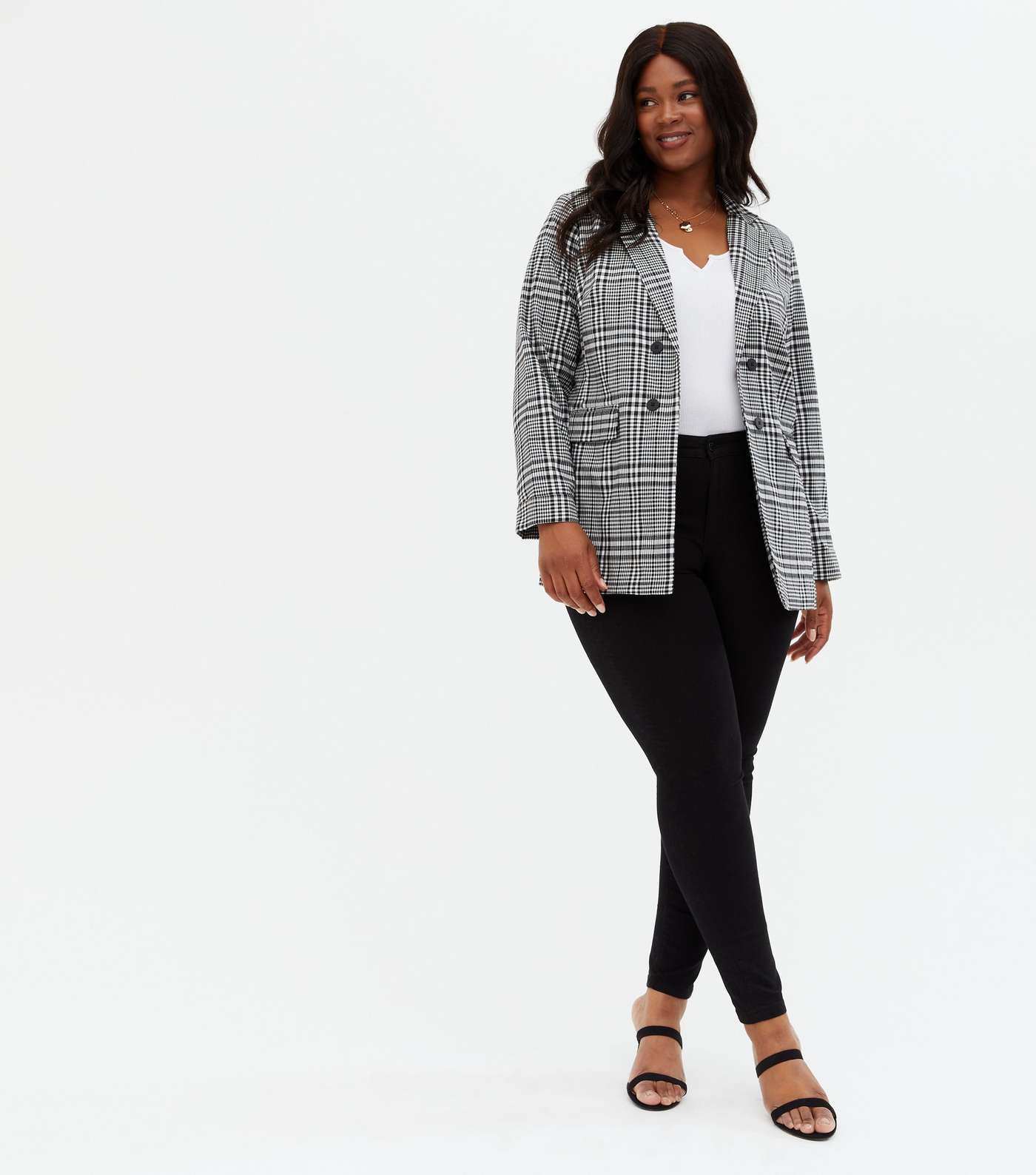 Curves Black Check Double Breasted Blazer Image 3