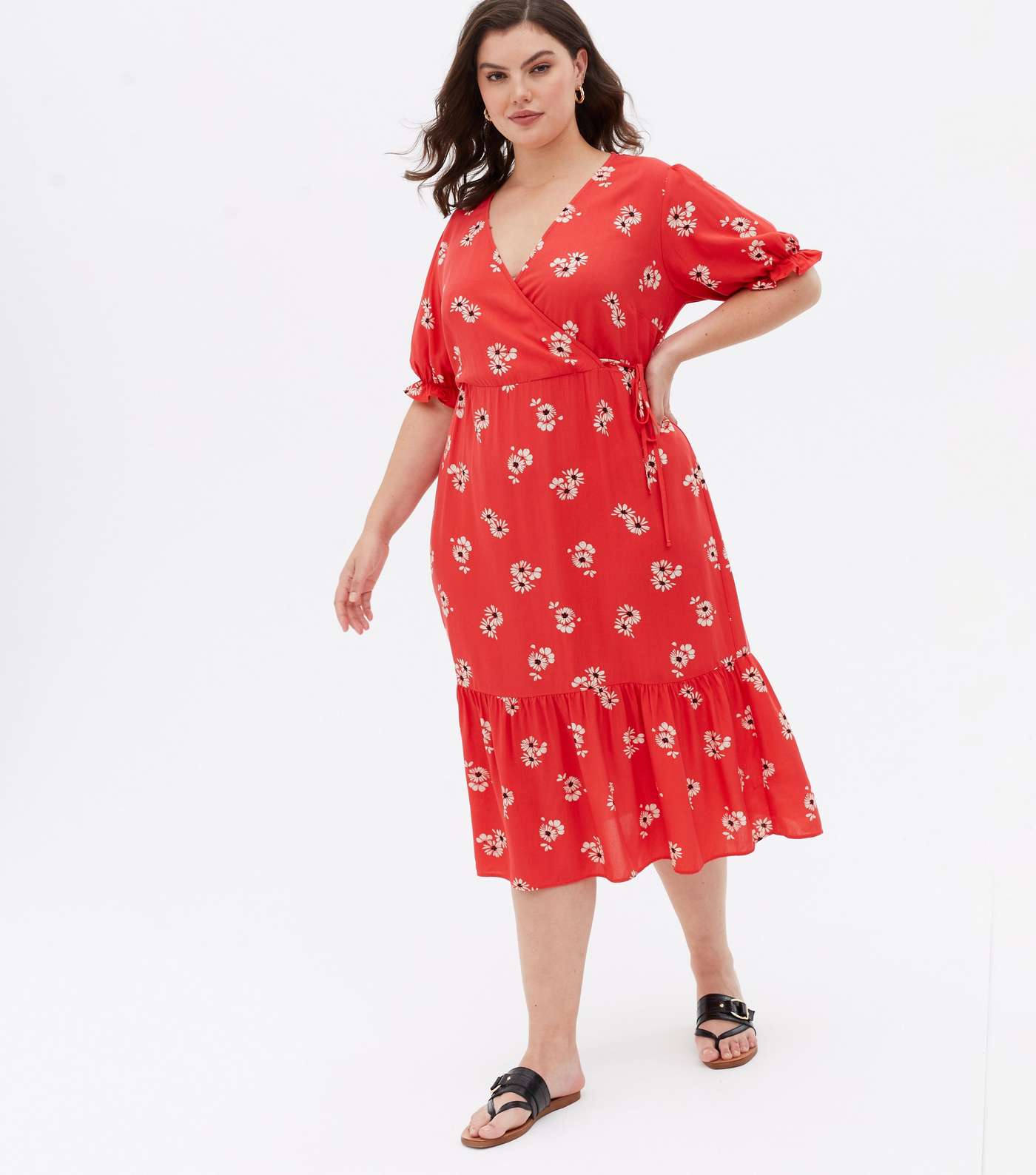 Curves Red Floral Tiered Midi Wrap Dress