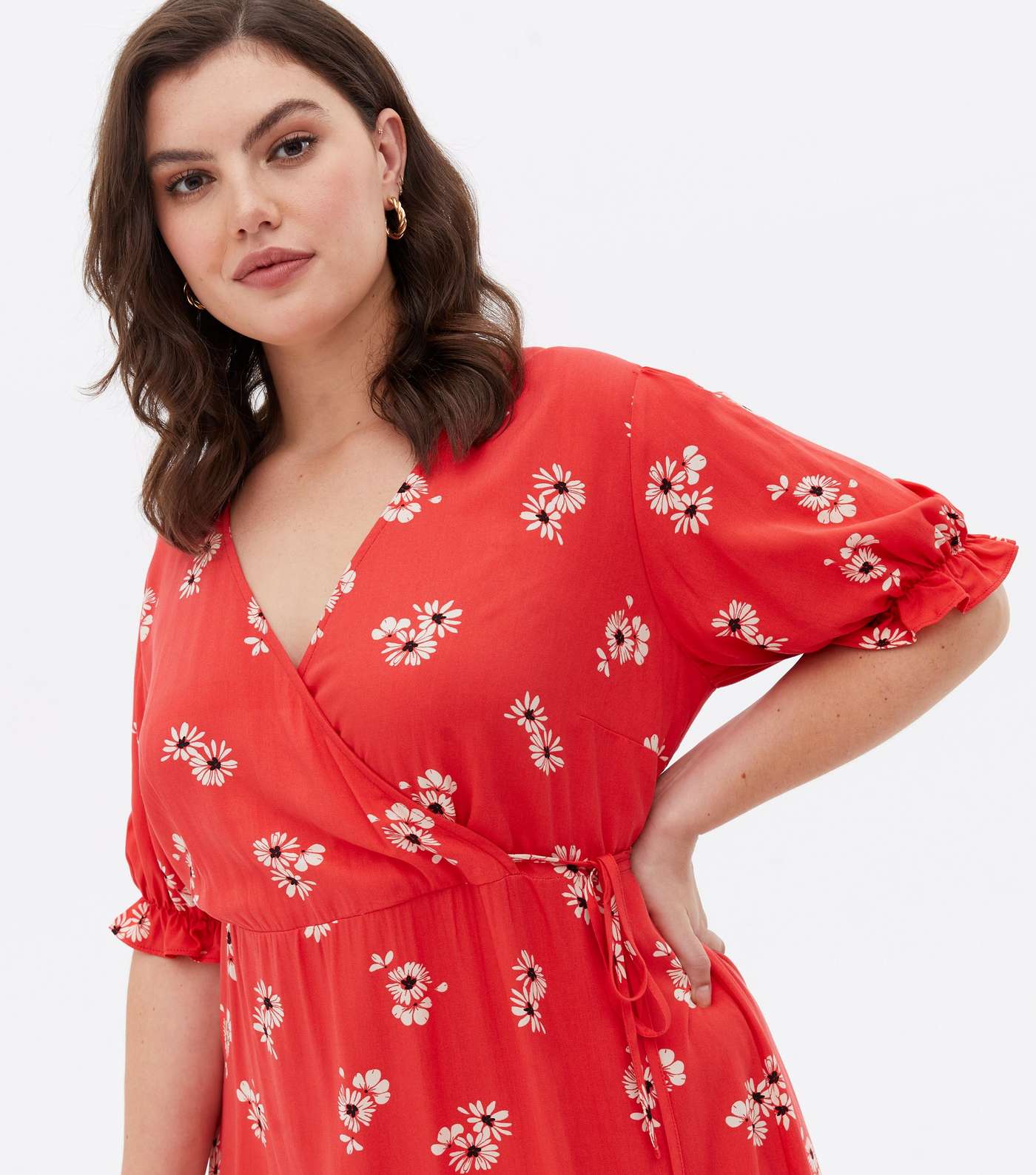 Curves Red Floral Tiered Midi Wrap Dress Image 3