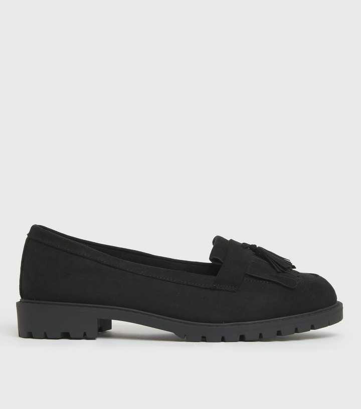Wide Fit Black Suedette Chunky Tassel Loafers