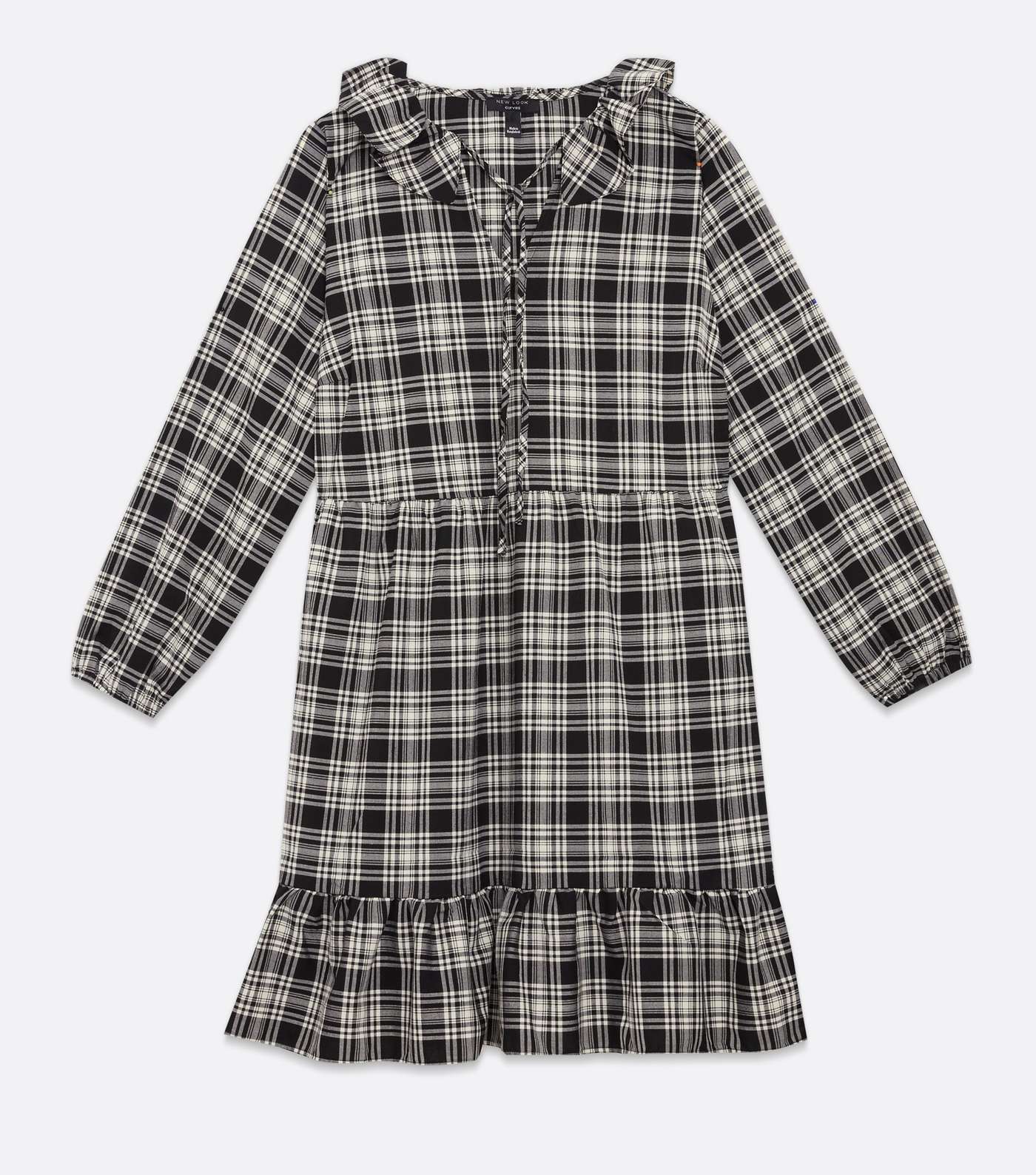 Curves Black Check Frill Tie Collar Tiered Mini Smock Dress Image 5