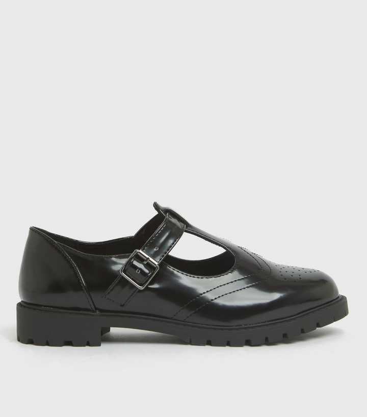 Wide Fit Black Patent Perforated Mary Jane Shoes | New Look