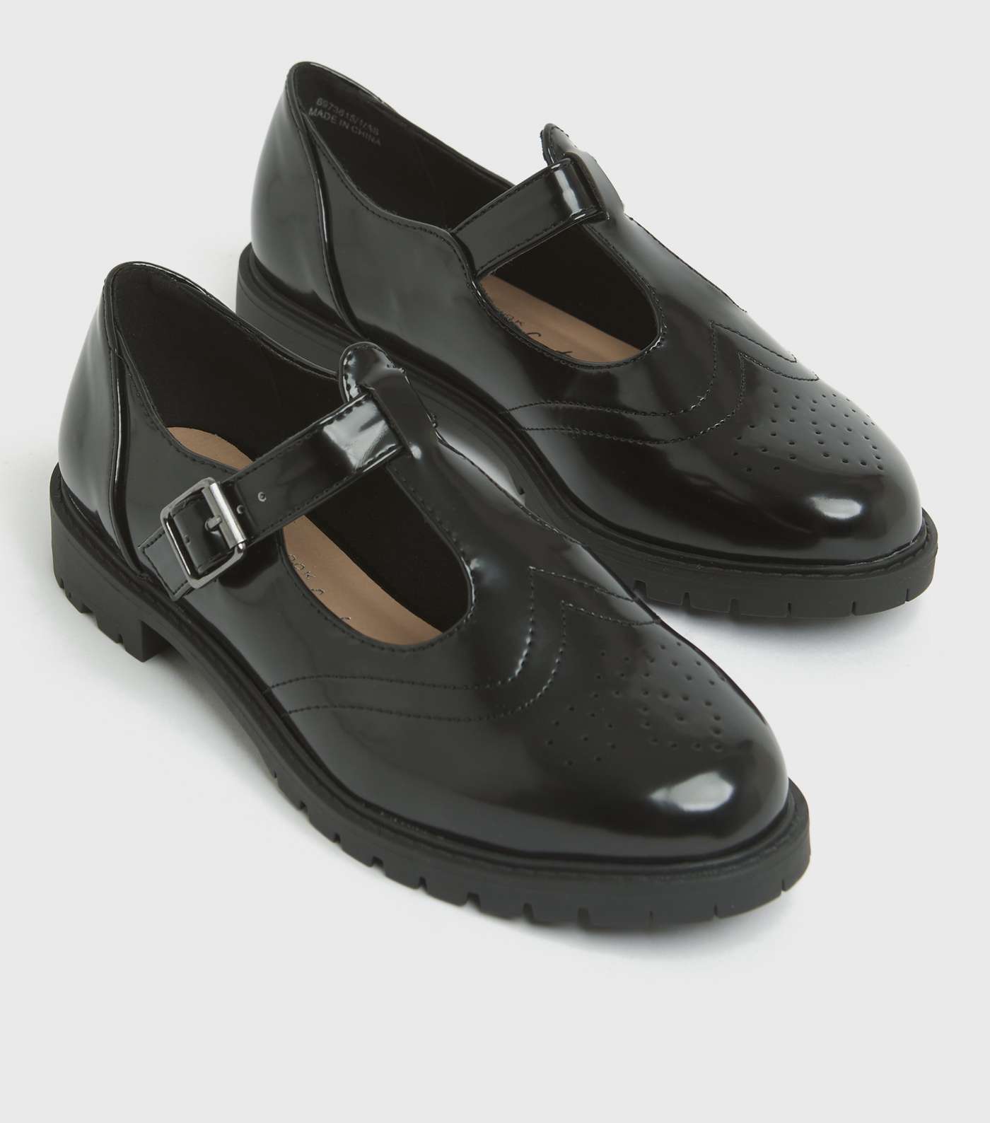 Wide Fit Black Patent Perforated Mary Jane Shoes Image 3