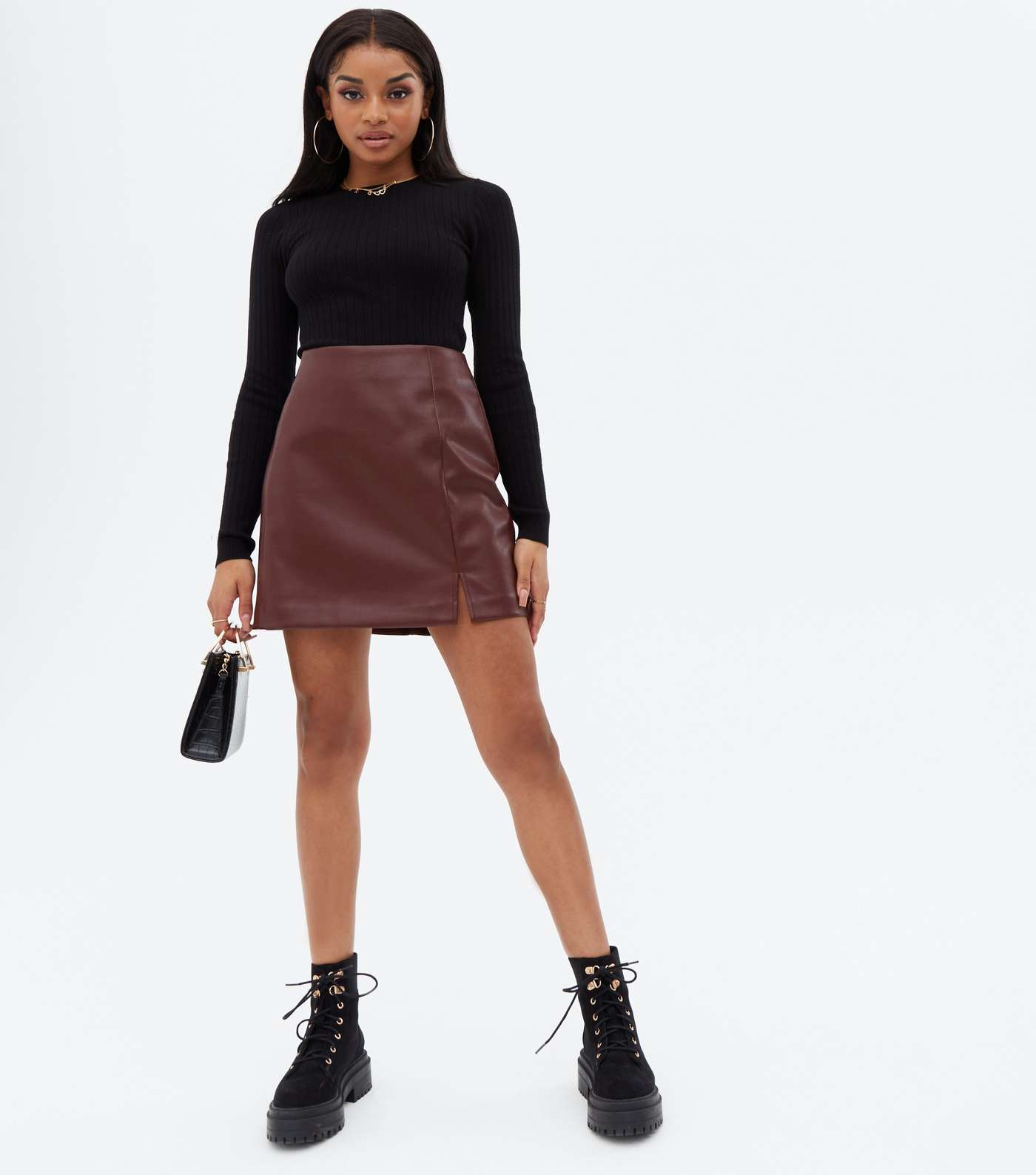 Petite Burgundy Leather-Look Mini Skirt