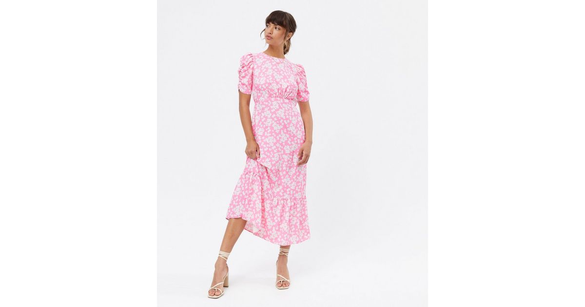 Pink Floral Tie Back Ruched Midi Dress | New Look