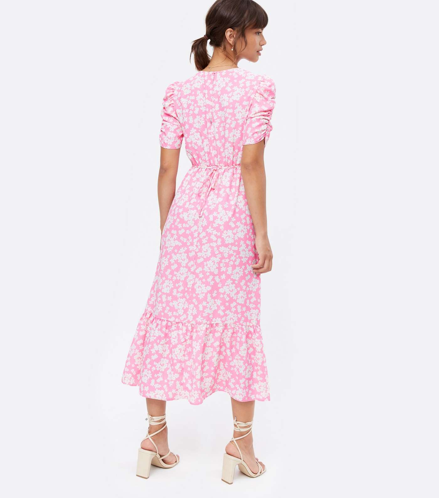 Pink Floral Tie Back Ruched Midi Dress Image 4
