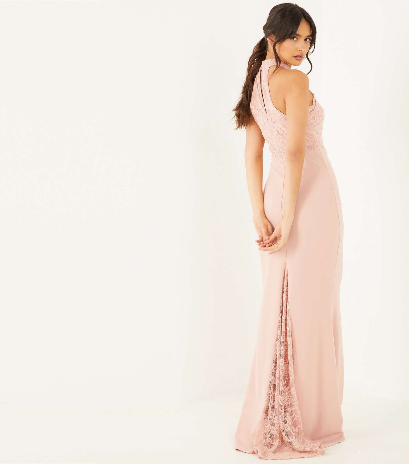 QUIZ Mid Pink Scallop Lace Trim Halter Maxi Dress Image 3