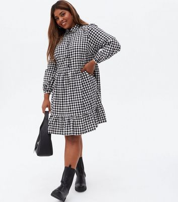 Curves Black Gingham Frill Mini Shirt Smock Dress New Look