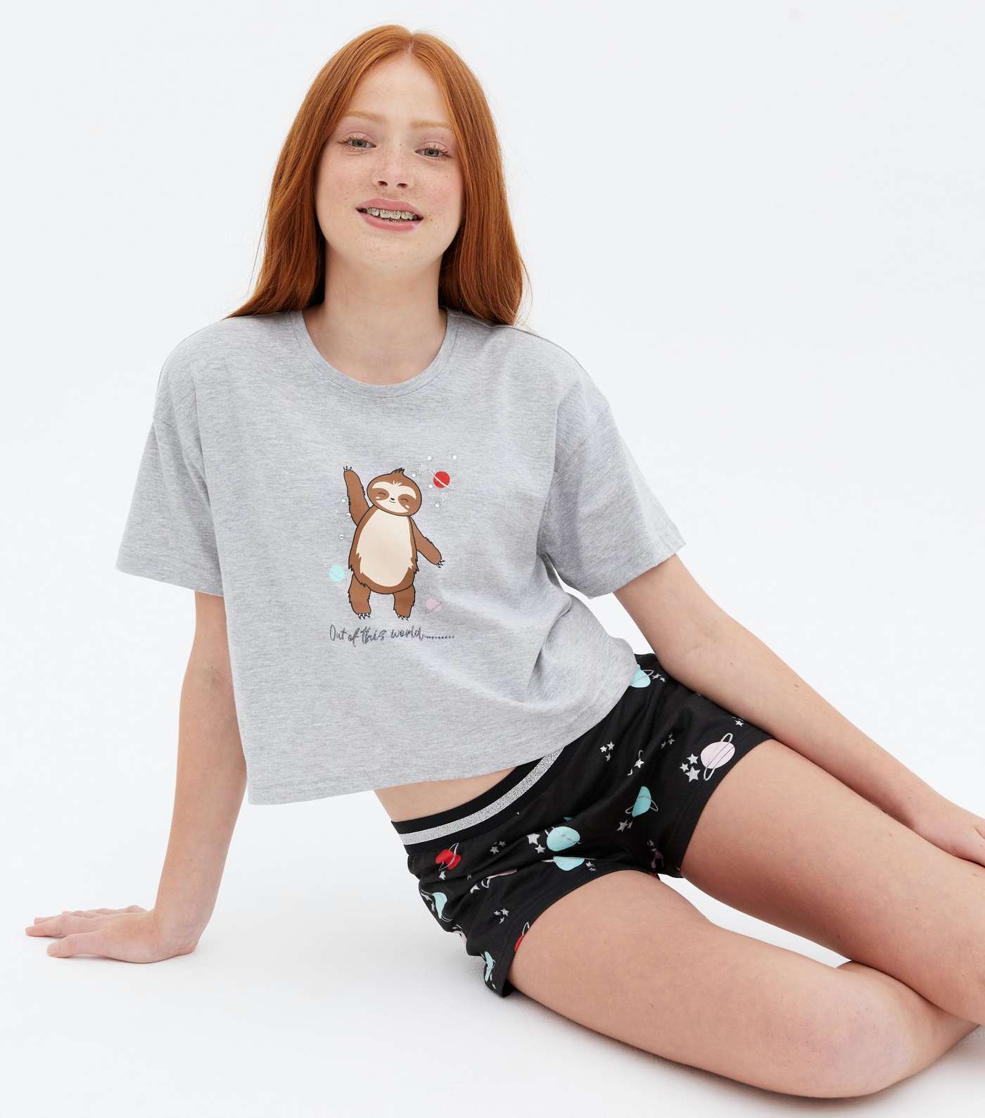 Girls Pale Grey Sloth Planet Logo Short Pyjama Set