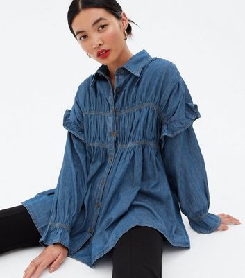 Click to view product details and reviews for Blue Vanilla Blue Denim Ruched Ruffle Shirt New Look.