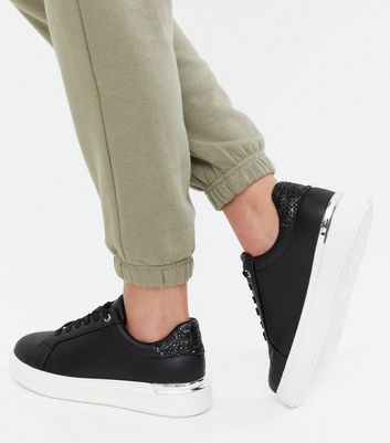 Girls Black Glitter Heel Chunky Lace Up Trainers