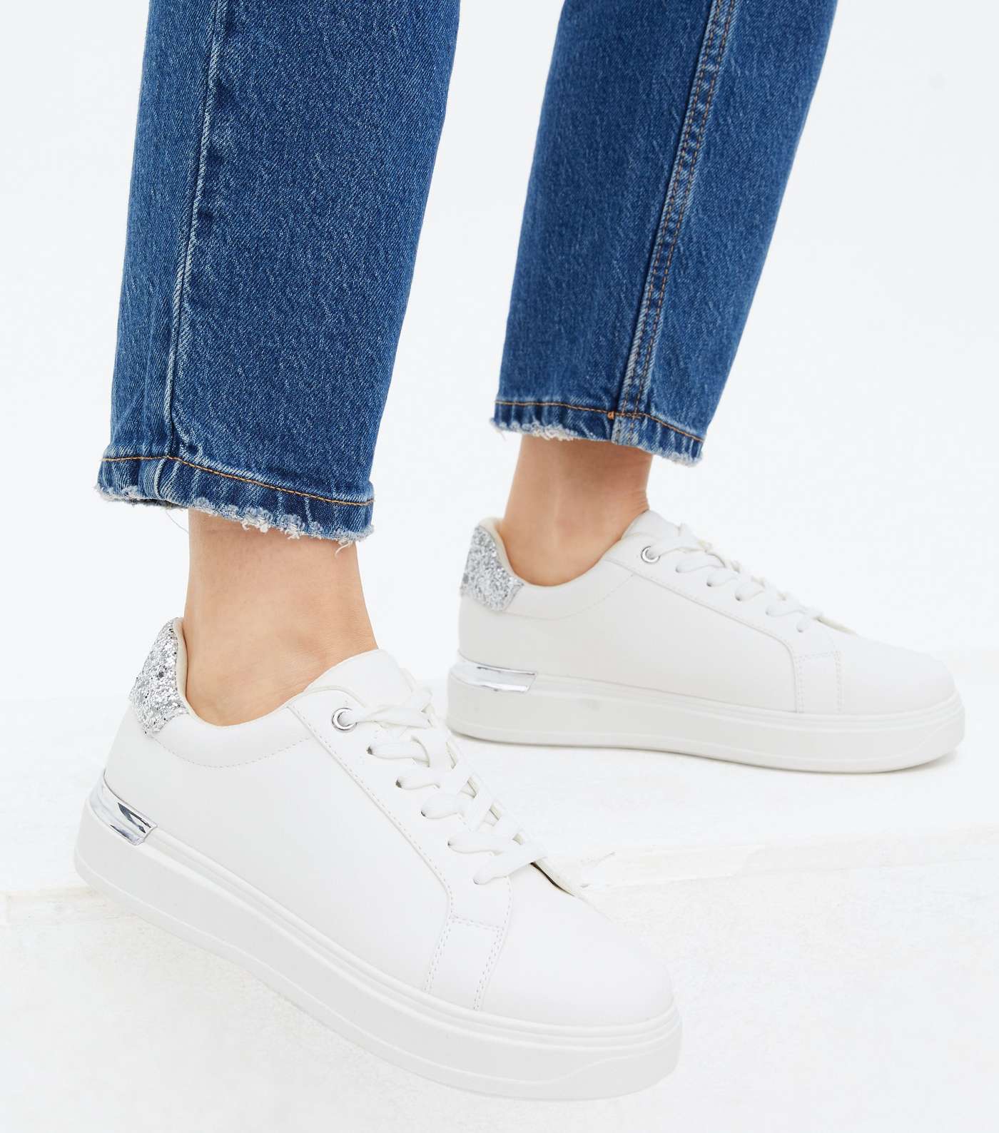 Girls White Glitter Heel Chunky Lace Up Trainers Image 2